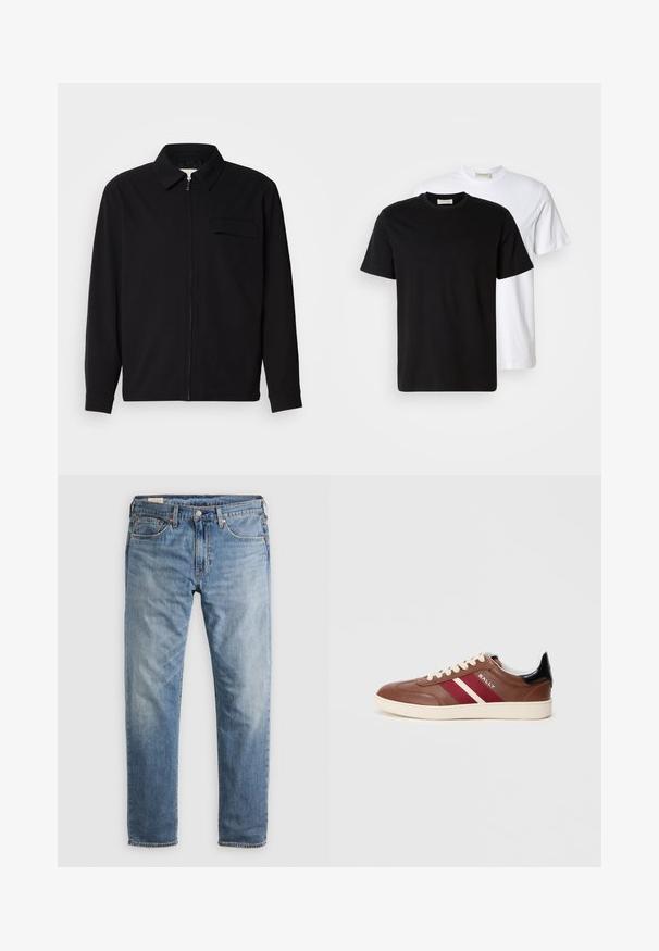 Melna garām piedurknēm krekls ar apkakles izgriezumu, priekšējo rāvējslēdzēju un krūšu kabatu. Izgatavots no teksturēta auduma ar brīvu piegriezumu.; Divas vienkāršas kokvilnas T-kreklus, viens melns novietots priekšā baltam, abiem īsām piedurknēm un apaļām izgriezēm.; Gaiši zili džinsa džinsi ar taisnu piegriezumu. Tajos ir piecas kabatas, rāvējslēdzēja aizdare un dekoratīvs šuvums. Mīksts, nedaudz izbalējis audums.; Brūni ādas tenisa apavi ar baltām un bordo svītrām, beidžu krāsas šņorēm un melnu papēža akcentu. Izstrādājums ar gumijas zoli un gludu tekstūru.