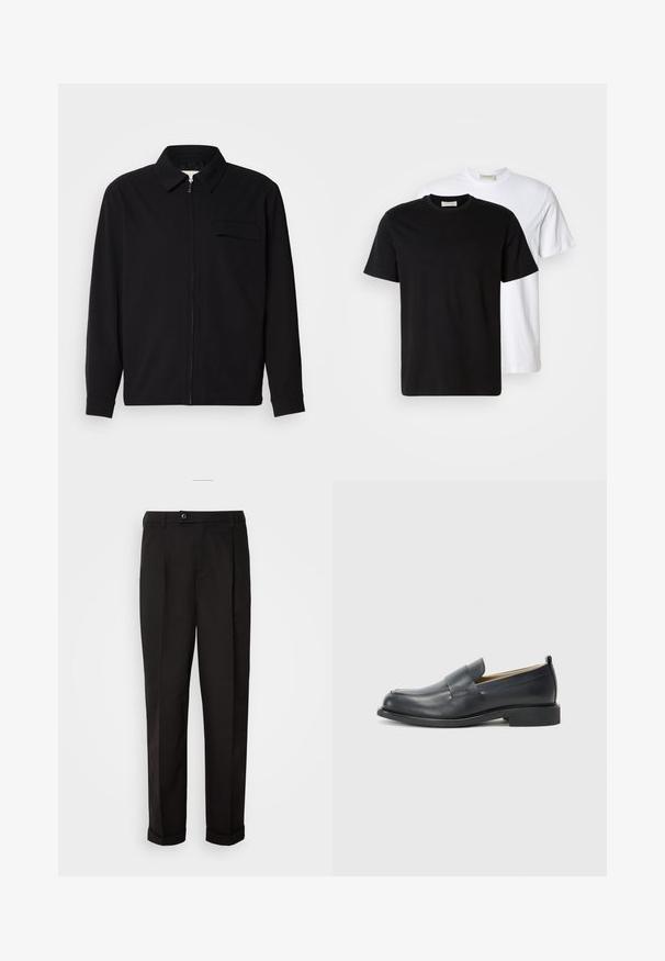 Musta pitkähihaine paita, jossa on kauluksellinen kaulus, edessä vetoketju ja rintatasku. Valmistettu teksturoidusta kankaasta, jossa on rento istuvuus.; Kaksi yksinkertaista puuvillapaitaa, musta paita valkoisen edessä, molemmissa on lyhyet hihat ja pyöreä pääntie.; Mustat housut, joissa on sileä pinta, suora leikkaus, kaksi etutaskua ja yksittäinen nappikiinnitys vyötäröllä.; Musta nahkakengät, joissa on sileä pinta, litteä pohja ja pyöristetty varvas, sekä koristeellinen nauha päälliosassa.