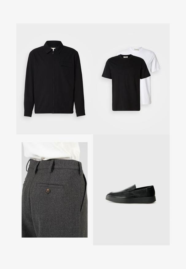 Czarna koszula z długim rękawem z kołnierzykiem, z zapięciem na suwak z przodu oraz kieszonką na piersi. Wykonana z teksturowanej tkaniny o luźnym kroju.; Dwie gładkie bawełniane koszulki, jedna czarna umieszczona z przodu białej, obie z krótkimi rękawami i okrągłymi dekoltami.; Szare wełniane spodnie z teksturowanym wykończeniem, z jedną tylną kieszenią zapinaną na brązowy guzik oraz szlufkami na pasek w talii.; Calvin Klein HYBRID CUP czarny