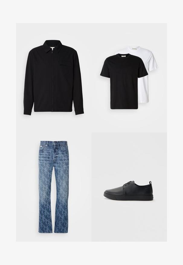 Melna garām piedurknēm krekls ar apkakles izgriezumu, priekšējo rāvējslēdzēju un krūšu kabatu. Izgatavots no teksturēta auduma ar brīvu piegriezumu.; Divas vienkāršas kokvilnas T-kreklus, viens melns novietots priekšā baltam, abiem īsām piedurknēm un apaļām izgriezēm.; Gaiši zila džinsa bikses ar tonālu abstraktu rakstu. Ir taisna kāju griezuma, piecas kabatas un metāla aksesuāri.; Melnas ādas kedas ar gludu apdari, noapaļota purngala, tonāla šuvēm, auklu fronti un plakanu gumijas zoli. Cilpa pie papēža.