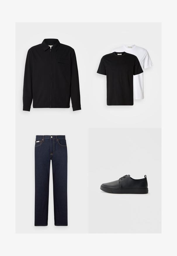 Juodas ilgomis rankovėmis marškinis, turintis apykaklės iškirptę, priekinį užtrauktuką ir krūtinės kišenę. Pagamintas iš tekstūruoto audinio, turinčio laisvą kirpimą.; Du riebi medvilniniai marškiniai, vieni juodi, padėti prie baltų, abu trumpomis rankovėmis ir apvaliais iškirpimais.; Tamsiai mėlynos džinsinio audinio kelnės su tiesia forma, klasikinis penkių kišenių dizainas ir kontrastingi oranžiniai siūlai. Apima metalinį mygtuko uždarymą.; Juodos odinės sportinės bateliai su lygiu paviršium, suapvalinta nosimi, toniniais siūlais, raištelių užsegimu priekyje ir plokščiu guminiu padu. Kilpelė ant kulno.