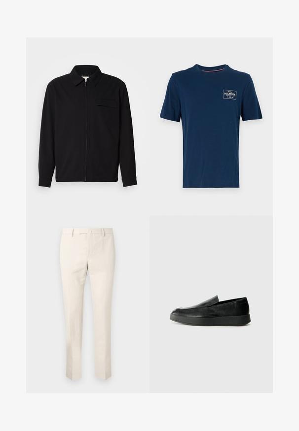 Svart langermet skjorte med krage, frontlås og brystlomme. Laget av teksturert stoff med en avslappet passform.; Marineblå bomulls T-skjorte med rund halsutringning, korte ermer, og en liten hvit logo på venstre brystområde. Glatt tekstur.; Lyse beige chinos laget av bomull, med flat front, beltehemper og sidelommer. Rett ben-design med en jevn tekstur.; Calvin Klein HYBRID CUP - Slippers - triple black