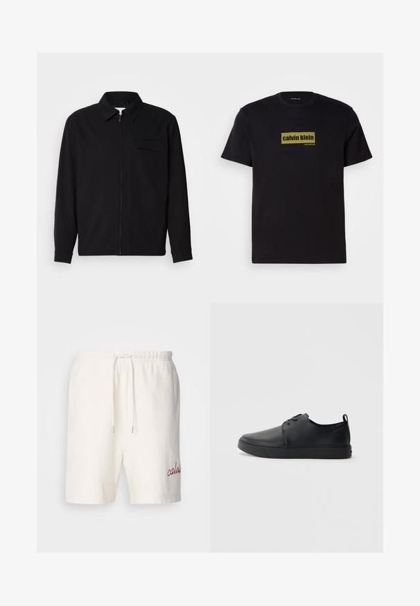 Schwarzes Langarmshirt mit Kragen, Frontreißverschluss und Brusttasche. Aus strukturiertem Stoff mit entspannter Passform.; Schwarz Baumwoll-T-Shirt mit kurzen Ärmeln, featuring ein rechteckiges grünes Logo mit dem Text "calvin klein" und "new york city" in fetter Schrift.; Weiße Baumwollshorts mit elastischem Bündchen und Kordelzug. Mit roher gesticktem "calvin" am linken Bein. Weicher Stoff, schlichtes Design.; Schwarze Leder-Sneaker mit glatter Oberfläche, abgerundeter Zehenpartie, gleichfarbiger Nähte, schnürbarem Vorderteil und flacher Gummisohle. Schlaufe an der Ferse.