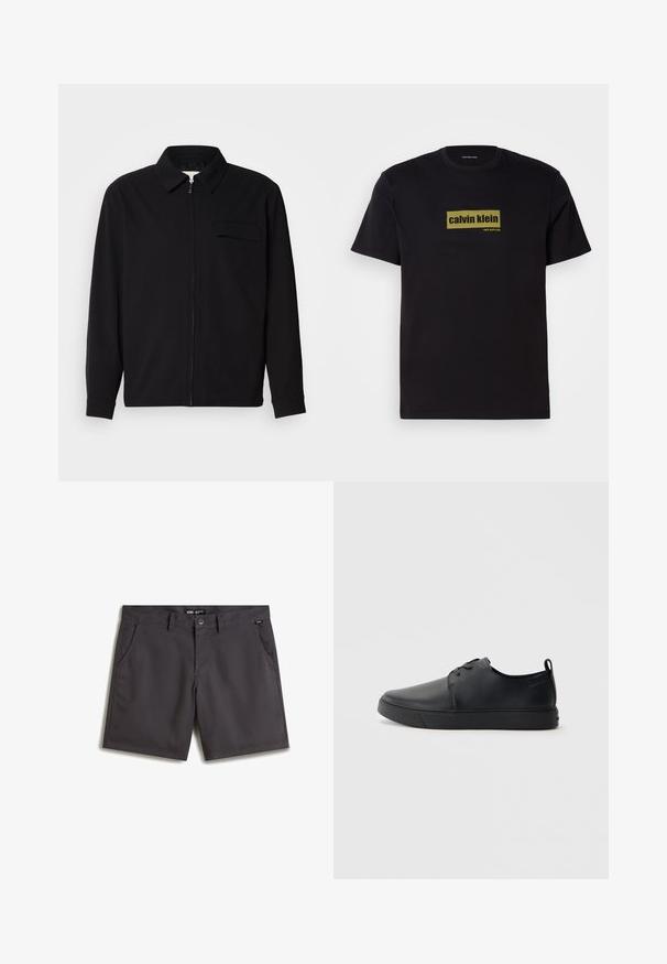 Black long-sleeve shirt featuring a collared neckline, front zip closure, and a chest pocket. Made of textured fabric with a relaxed fit.; Black cotton T-shirt with short sleeves, featuring a rectangular green logo with text "calvin klein" and "new york city" in bold lettering.; Gray shorts made of smooth cotton, featuring two front pockets, a button closure, and a flat front design. No visible patterns or accents.; Black leather sneaker with a smooth finish, rounded toe, tonal stitching, lace-up front, and a flat rubber sole. Loop at the heel.