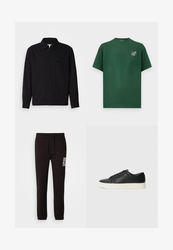 Black long-sleeve shirt featuring a collared neckline, front zip closure, and a chest pocket. Made of textured fabric with a relaxed fit.; Green cotton t-shirt with a crew neck, short sleeves, and white "Lacoste Paris" text logo on the left chest area.; Black sweatpants made of soft fabric, featuring an elastic waistband with drawstring, ribbed cuffs, and a white printed logo detail.; Black leather sneakers with perforated texture, round toe, and flat white rubber sole. Features black laces and a subtle logo on the side.