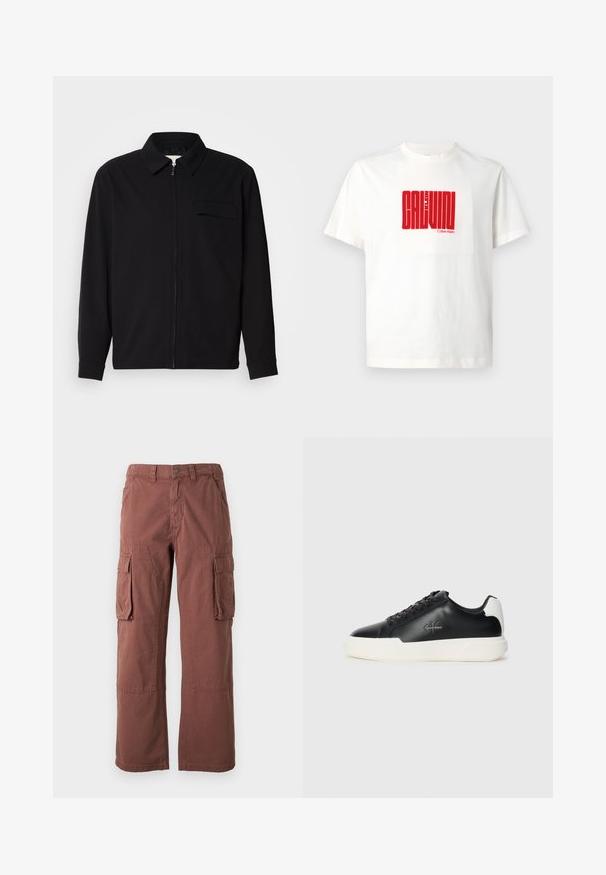 Must valgade varrukatega must särk, millel on krae, ees tõmbluku sulgemine ja rinna tasku. Valmistatud tekstuurilisest kangast ning mugav lõige.; Valge puuvillane T-särk, mille esit küljel on suur punane graafikatrükk "CALVIN KLEIN", ümmarguse kaelusega ja lühikeste varrukatega.; Roostevärvi cargo püksid, valmistatud vastupidavast kangast. Omavad suuri küljetaskuid, sirgeid jalgu ja nuppude sulgemist vöökohtadel.; Mustad musta nahast jooksutossud valge kummist tallaga. Omavad ümmargust ninakujuga disaini, paeltega kinnitust ja logo detaili külgedel. Tagumine aktsent on valge.