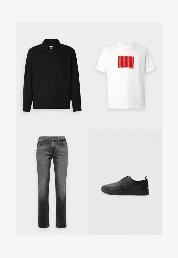 Chemise noire à manches longues avec un col, fermeture éclair à l'avant et une poche poitrine. Fabriquée en tissu texturé avec une coupe décontractée.; T-shirt en coton blanc avec un grand imprimé graphique rouge de "CALVIN KLEIN" sur le devant, avec un col rond et des manches courtes.; 7 for all mankind CHECK OFF - Jean slim - grey; Baskets en cuir noir avec une finition lisse, bout arrondi, coutures ton sur ton, devant à lacets et semelle plate en caoutchouc. Anse au talon.