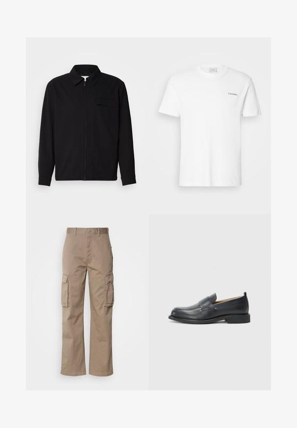 Chemise noire à manches longues avec un col, fermeture éclair à l'avant et une poche poitrine. Fabriquée en tissu texturé avec une coupe décontractée.; T-shirt en coton blanc à manches courtes et col rond. Présente un petit logo noir "Calvin Klein" sur la poitrine gauche.; Pantalon cargo beige en coton, avec une coupe décontractée, deux poches latérales et une fermeture à bouton à la taille.; Mocassins en cuir noir avec une finition lisse, une semelle plate et un bout arrondi, ornés d'une sangle décorative sur le dessus.