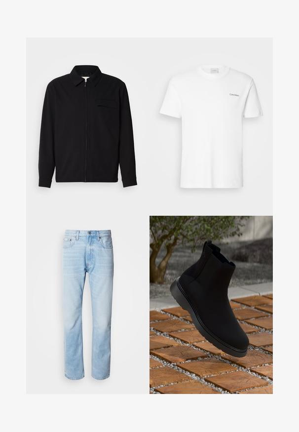 Svart långärmad skjorta med krage, framfickslås och bröstficka. Tillverkad av strukturerad tyg med avslappnad passform.; Vit bomull T-shirt med korta ärmar och rundad halsringning. Har en liten svart "Calvin Klein"-logotyp på vänster bröst.; Ljusblå denimjeans med rak benprofil, som har blekta sektioner, femficksdesign och en klassisk knäppning.; Svarta ankelstövlar i slät material med subtila sömmar, en gummisula och en elegant design, placerade ovanför en trästrukturerad yta.