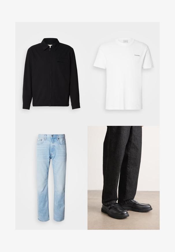 Musta pitkähihaine paita, jossa on kauluksellinen kaulus, edessä vetoketju ja rintatasku. Valmistettu teksturoidusta kankaasta, jossa on rento istuvuus.; Valkoinen puuvillapaita lyhyillä hihoilla ja pyöreällä kaula-aukolla. Vasemmassa rinnassa on pieni musta "Calvin Klein" -logo.; Vaaleansiniset farkut suoranlahkeisella leikkauksella, joissa on haalistuneita kohtia, viisi taskua ja klassinen nappisuljenta.; Mustat nahkakengät, joissa on tekstuuripinta, erottuva sauman muotoilu ja kestävä kumipohja, yhdistettynä tummiin farkkuihin.