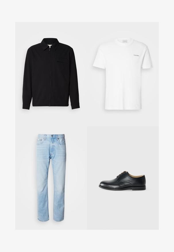 Melna garām piedurknēm krekls ar apkakles izgriezumu, priekšējo rāvējslēdzēju un krūšu kabatu. Izgatavots no teksturēta auduma ar brīvu piegriezumu.; Balts kokvilnas T-krekls ar īsām piedurknēm un apaļu kakla izgriezumu. Ar mazu melnu "Calvin Klein" logotipu kreisajā krūtīs.; Gaiši zili denima džinsi ar taisnu kāju griezumu, ar izbalējušām sekcijām, piecu kabatu dizainu un klasisko pogu aizdari.; Calvin Klein Lietišķas šņorkurpes - triple black