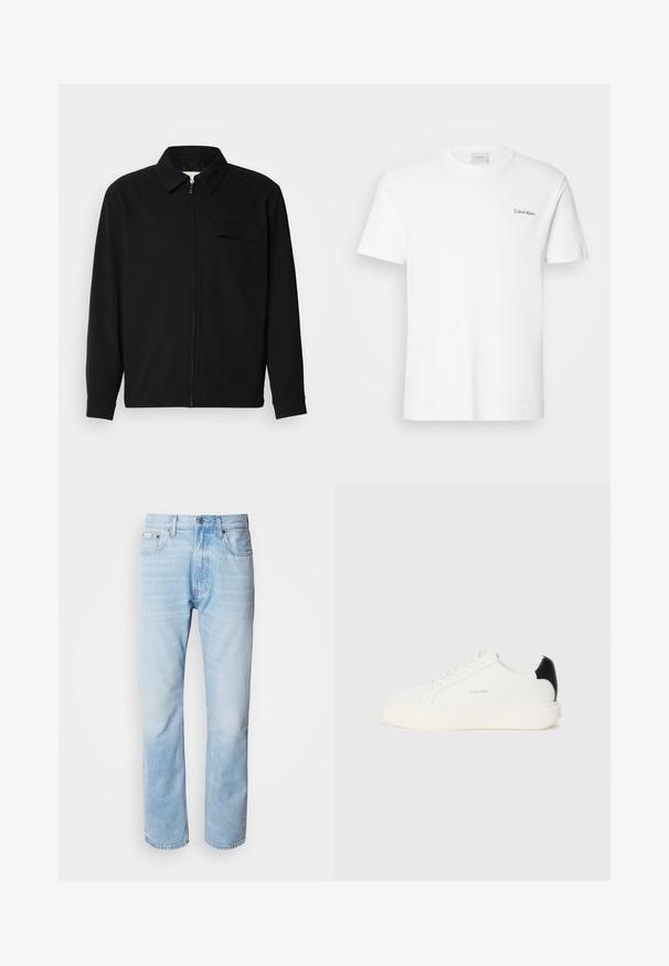 Cămașă neagră cu mânecă lungă, având guler, închidere cu fermoar pe față și buzunar pe piept. Fabricată dintr-un material texturat cu o croială lejeră.; T-shirt alb din bumbac, cu mâneci scurte și guler rotund. Are un mic logo negru "Calvin Klein" pe partea stângă a pieptului.; Jeans din denim de culoare bleu deschis, cu croială dreaptă, prezentând secțiuni decolorate, design cu cinci buzunare și un sistem clasic de închidere cu buton.; Tenisici din piele alba cu un acccent negru pe toc, avand varf rotund, sireturi plate si o talpa alba groasa. Logo-ul Calvin Klein este afisat.