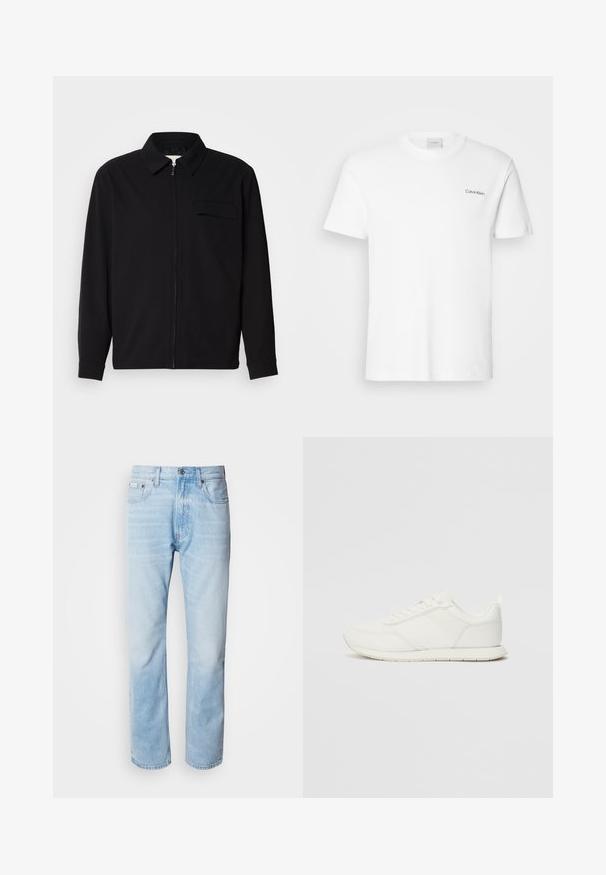 Black long-sleeve shirt featuring a collared neckline, front zip closure, and a chest pocket. Made of textured fabric with a relaxed fit.; White cotton T-shirt with short sleeves and a crew neckline. Features a small black "Calvin Klein" logo on the left chest.; Light blue denim jeans with a straight leg cut, featuring faded sections, five-pocket design, and a classic button fly.; White sneaker with a mesh and synthetic upper, round toe, flat laces, and a textured side stripe. Rubber sole with a pull tab at the back.