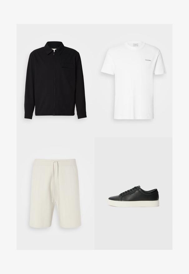 Fekete, hosszú ujjú póló, gallérral, elülső cipzárral és mellzsebbel. Texturált anyagból készült, laza szabású.; Fehér pamut póló rövid ujjakkal és kerek nyakkivágással. Bal mellkason egy kis fekete "Calvin Klein" logó található.; Világos bézs rövidnadrág, texturált anyagból készült, állítható derékrésszel és térd hosszúságú kialakítással, finom függőleges csíkokkal.; Fekete bőr sportcipők perforált textúrával, kerek orral és lapos fehér gumi talppal. Fekete fűzőkkel és diszkrét logóval az oldalon.