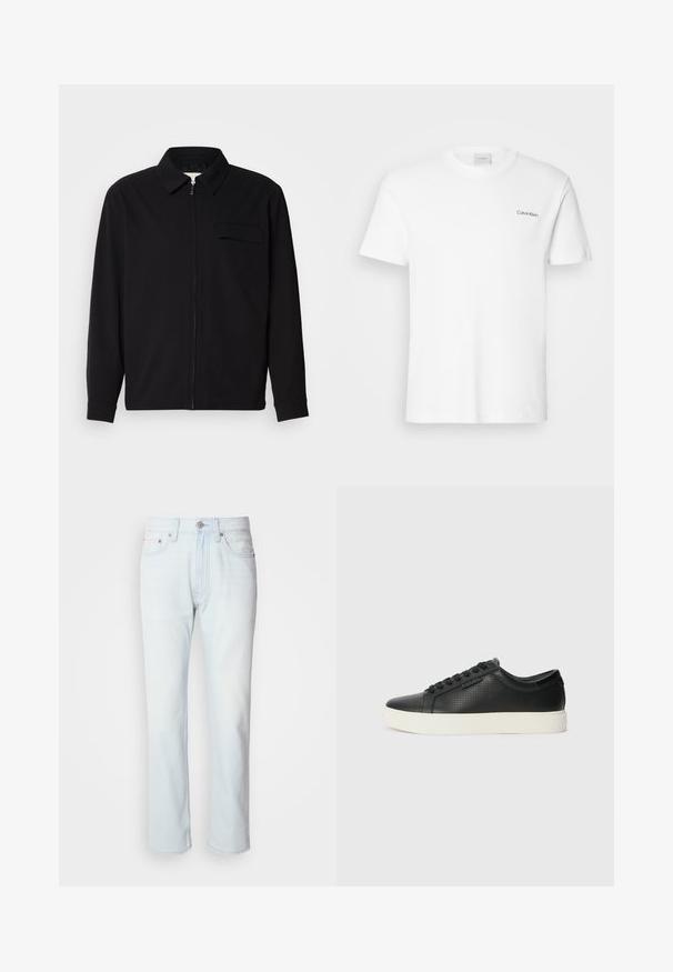 Cămașă neagră cu mânecă lungă, având guler, închidere cu fermoar pe față și buzunar pe piept. Fabricată dintr-un material texturat cu o croială lejeră.; T-shirt alb din bumbac, cu mâneci scurte și guler rotund. Are un mic logo negru "Calvin Klein" pe partea stângă a pieptului.; Blugi din denim de culoare albastru deschis, cu un croi drept. Prezintă un sistem de închidere cu nasture și bucle pentru curea, având o textură decolorată și cusături minime.; Adidași din piele neagră cu textură perforată, vârf rotund și talpă plată din cauciuc alb. Au șireturi negre și un logo subtil pe lateral.