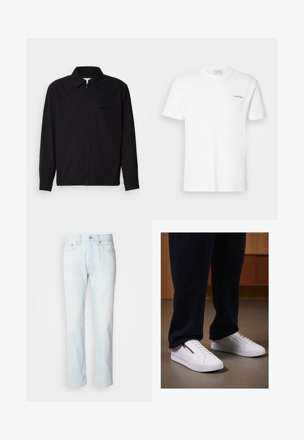 Must valgade varrukatega must särk, millel on krae, ees tõmbluku sulgemine ja rinna tasku. Valmistatud tekstuurilisest kangast ning mugav lõige.; Valge puuvillasest T-särk lühikäistega ja ümarkaelusega. Vasakul rinnal on väike must "Calvin Klein" logo.; Heledad sinine teksapüksid sirge lõikega. Omab nup closure'i ja vöölõikeid, esitledes kulunud tekstuuri ja minimaalset õmblust.; Valged tennisetooted sileda nahapinnaga, tasase tallaga ja nööridega disainiga. Küljel asuv tõmblukk lisab funktsionaalsust. Kombineeritud tumedate spordipükste jao.