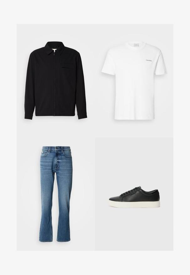 Juodas ilgomis rankovėmis marškinis, turintis apykaklės iškirptę, priekinį užtrauktuką ir krūtinės kišenę. Pagamintas iš tekstūruoto audinio, turinčio laisvą kirpimą.; Balta medvilnės marškinėliai su trumpomis rankovėmis ir apvaliu kaklu. Priekyje, kairiajame krūtinės šone, yra mažas juodas "Calvin Klein" logotipas.; Šviesiai mėlyni džinsai su tiesiu kirpimu ir šiek tiek platėjančiu džinsų apačia. Turi penkias kišenes, mygtuko užsegimą ir subtilius nusidriekimo detalių akcentus.; Juodi odiniai sportbačiai su perforuotu paviršiumi, apvaliu pirštu ir plokščiu baltu guminiu padu. Yra juodos raišteliai ir subtili logotipo detalė šone.