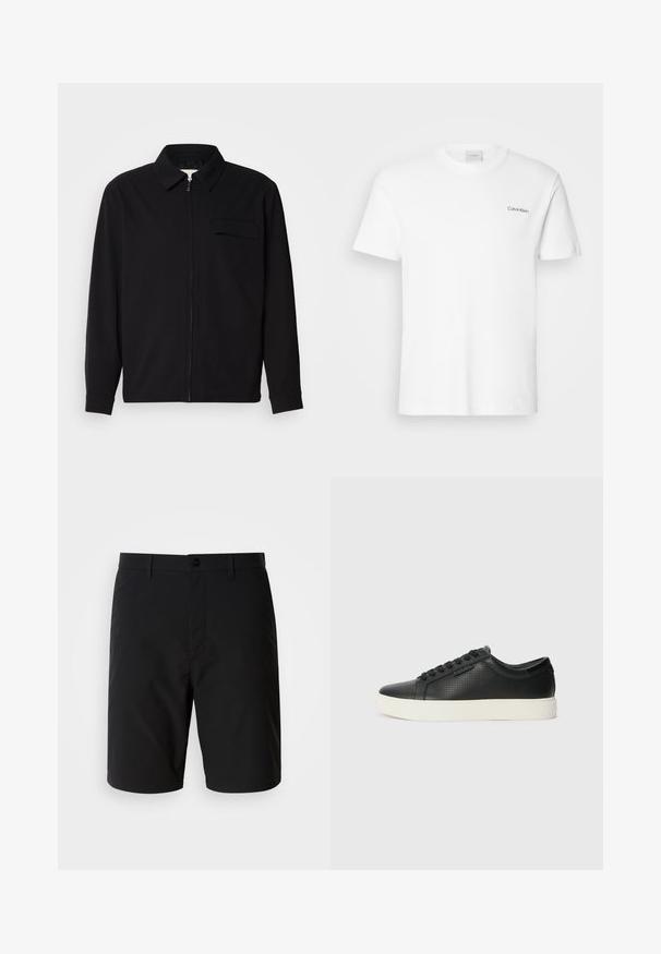 Melna garām piedurknēm krekls ar apkakles izgriezumu, priekšējo rāvējslēdzēju un krūšu kabatu. Izgatavots no teksturēta auduma ar brīvu piegriezumu.; Balts kokvilnas T-krekls ar īsām piedurknēm un apaļu kakla izgriezumu. Ar mazu melnu "Calvin Klein" logotipu kreisajā krūtīs.; Melni šorti, kas izgatavoti no gludas, vieglas auduma. Tie ir ar pogu aizdari un tīru, taisnu griezumu bez redzamām rakstēm.; Melnas ādas sporta kurpes ar perforētu tekstūru, apaļu purngalu un plakanu baltu gumijas zoli. Ar melniem šņorējumiem un smalku logo sānos.