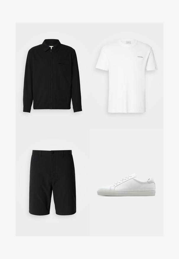 Schwarzes Langarmshirt mit Kragen, Frontreißverschluss und Brusttasche. Aus strukturiertem Stoff mit entspannter Passform.; Weißes Baumwoll-T-Shirt mit kurzen Ärmeln und Rundhalsausschnitt. Mit einem kleinen schwarzen "Calvin Klein"-Logo auf der linken Brust.; Schwarze Shorts aus einem glatten, leichten Stoff. Sie haben einen Knopfverschluss und einen sauberen, geraden Schnitt ohne sichtbare Muster.; Weißer Sneaker mit glattem Lederobermaterial und niedrigem Profil. Verfügt über eine runde Zehenpartie, sechs Ösen und eine strukturierte Gummisohle.