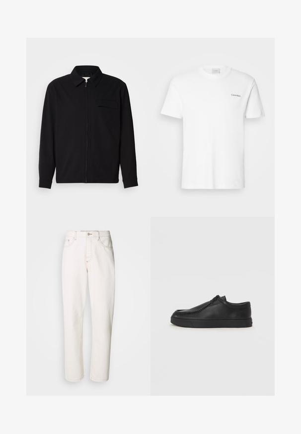 Must valgade varrukatega must särk, millel on krae, ees tõmbluku sulgemine ja rinna tasku. Valmistatud tekstuurilisest kangast ning mugav lõige.; Valge puuvillasest T-särk lühikäistega ja ümarkaelusega. Vasakul rinnal on väike must "Calvin Klein" logo.; Valged denim teksad otse jalgu disainiga, millel on õmmeldud õmblused, metallne nööp sulgemiseks ja standardne viie taskuga konstruktsioon.; Must na ostri varvastega musta nahast libisemisega king, millel on tikand ja must kummitald. Sile tekstuur ja minimalistik disain.