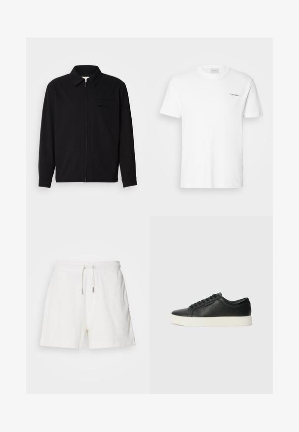 Sort langærmet skjorte med krave, frontlynlås og brystlomme. Lavet af struktureret stof med en afslappet pasform.; Hvid bomulds T-shirt med korte ærmer og rund halsudskæring. Har et lille sort "Calvin Klein" logo på venstre bryst.; Hvide, bløde bomuldsshorts med elastisk talje, justerbar snøre og sidelommer. Glat tekstur, afslappet pasform og længde til midt på låret.; Sorte lædersneakers med perforeret tekstur, rund tå og flad hvid gummisål. Har sorte snørebånd og et subtilt logo på siden.