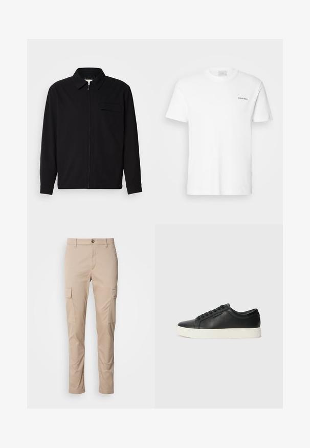 Černá dlouhá rukávová košile s límečkem, předním zipovým uzávěrem a kapsou na hrudi. Vyrobená z texturované tkaniny s uvolněným střihem.; Bílý bavlněný tričko s krátkými rukávy a kulatým výstřihem. Na levé části hrudi se nachází malé černé logo "Calvin Klein".; Béžové cargo kalhoty s dvěma bočními kapsami, slim fit, vyrobené z lehkého materiálu, se zapínáním na předním knoflíku a poutky na opasek.; Černé kožené tenisky s perforovanou texturou, kulatou špičkou a plochou bílou gumovou podrážkou. Mají černé tkaničky a jemné logo na boční straně.