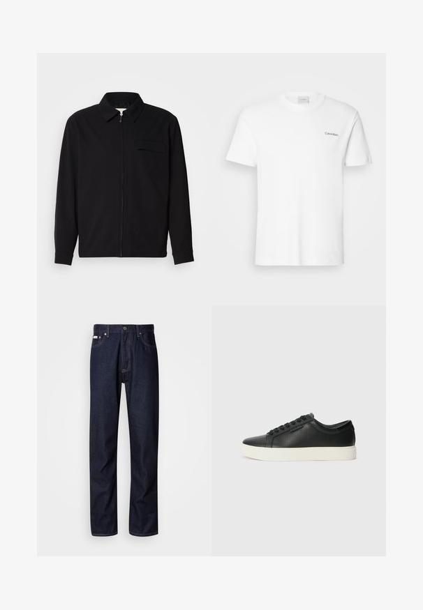Black long-sleeve shirt featuring a collared neckline, front zip closure, and a chest pocket. Made of textured fabric with a relaxed fit.; White cotton T-shirt with short sleeves and a crew neckline. Features a small black "Calvin Klein" logo on the left chest.; Dark blue denim jeans with a straight-leg design, featuring a button fly, five pockets, and contrasting stitching details.; Black leather sneakers with perforated texture, round toe, and flat white rubber sole. Features black laces and a subtle logo on the side.