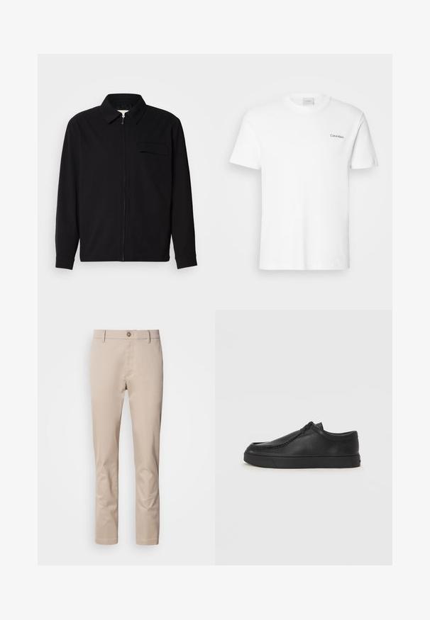 Fekete, hosszú ujjú póló, gallérral, elülső cipzárral és mellzsebbel. Texturált anyagból készült, laza szabású.; Fehér pamut póló rövid ujjakkal és kerek nyakkivágással. Bal mellkason egy kis fekete "Calvin Klein" logó található.; Beige színű, egyenes szabású pamutszövet chino nadrág, övpántokkal, egyetlen elülső gombbal és sima, struktúrálatlan felülettel. Zsebek nem láthatók.; Fekete bőr slip-on cipő lekerekített orral, varrott részletekkel és fekete gumitalppal. Simaság és minimalista dizájn jellemzi.