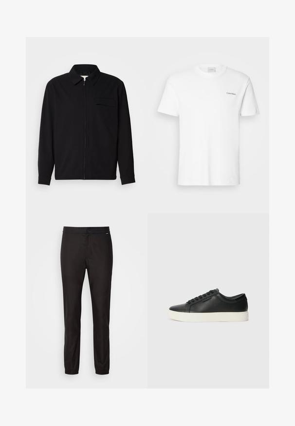 Black long-sleeve shirt featuring a collared neckline, front zip closure, and a chest pocket. Made of textured fabric with a relaxed fit.; White cotton T-shirt with short sleeves and a crew neckline. Features a small black "Calvin Klein" logo on the left chest.; Black stretch pants with an elastic waistband, tapered leg design, and cuffed hems. Smooth fabric with no visible patterns or hardware.; Black leather sneakers with perforated texture, round toe, and flat white rubber sole. Features black laces and a subtle logo on the side.