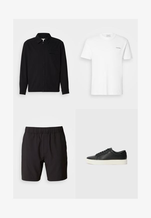 Crna majica dugih rukava s ovratnikom, prednjim zatvaračem i džepom na prsima. Izrađena od teksturiranog materijala s opuštenim krojem.; Bijela pamučna majica kratkih rukava s okruglim izrezom. Ima mali crni logo "Calvin Klein" na lijevoj strani prsnog koša.; Crne hlače kratkog kroja od rastezljivog materijala, s elastičnom gumicom u struku, bočnim džepovima i jednostavnim, čistim dizajnom. Bez uzoraka ili akcenta.; Crne kožne tenisice s perforiranim uzorkom, okruglim vrhom i ravnim bijelim gumenim potplatom. Imaju crne vezice i diskretni logotip sa strane.