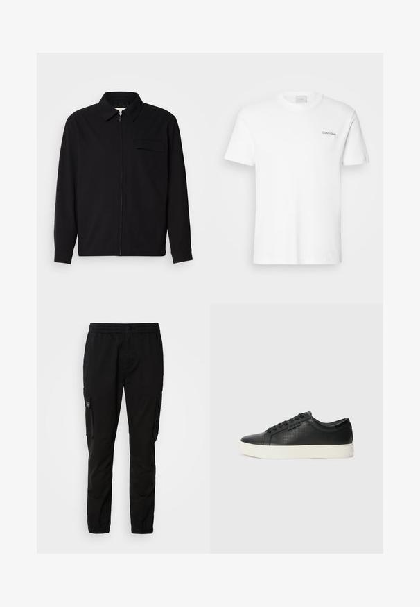 Black long-sleeve shirt featuring a collared neckline, front zip closure, and a chest pocket. Made of textured fabric with a relaxed fit.; White cotton T-shirt with short sleeves and a crew neckline. Features a small black "Calvin Klein" logo on the left chest.; Black cargo pants with elastic waistband, button closure, two side pockets, and two cargo pockets. Smooth fabric with a relaxed fit.; Black leather sneakers with perforated texture, round toe, and flat white rubber sole. Features black laces and a subtle logo on the side.