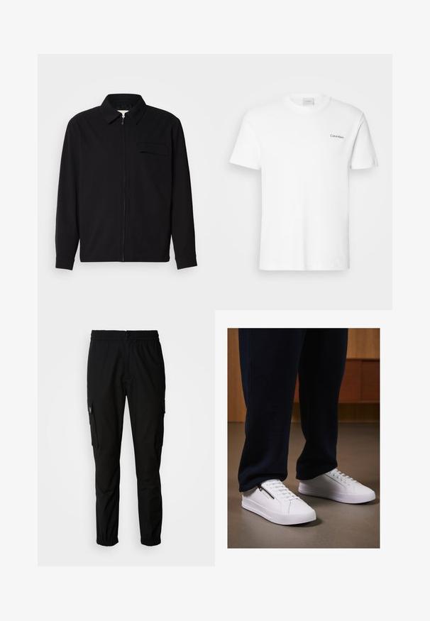 Svart langermet skjorte med krage, frontlås og brystlomme. Laget av teksturert stoff med en avslappet passform.; Hvit bomulls T-skjorte med korte ermer og rund hals. Har en liten svart "Calvin Klein" logo på venstre bryst.; Sorte cargo bukser i sort, lavet af stof, med elastisk talje, knaplukning og flere sidelommer med klapper.; Hvite joggesko med en glatt lærfinish, flat såle og snøring. Sidelommer med glidelås gir funksjonalitet. Kombinert med mørke joggebukser.