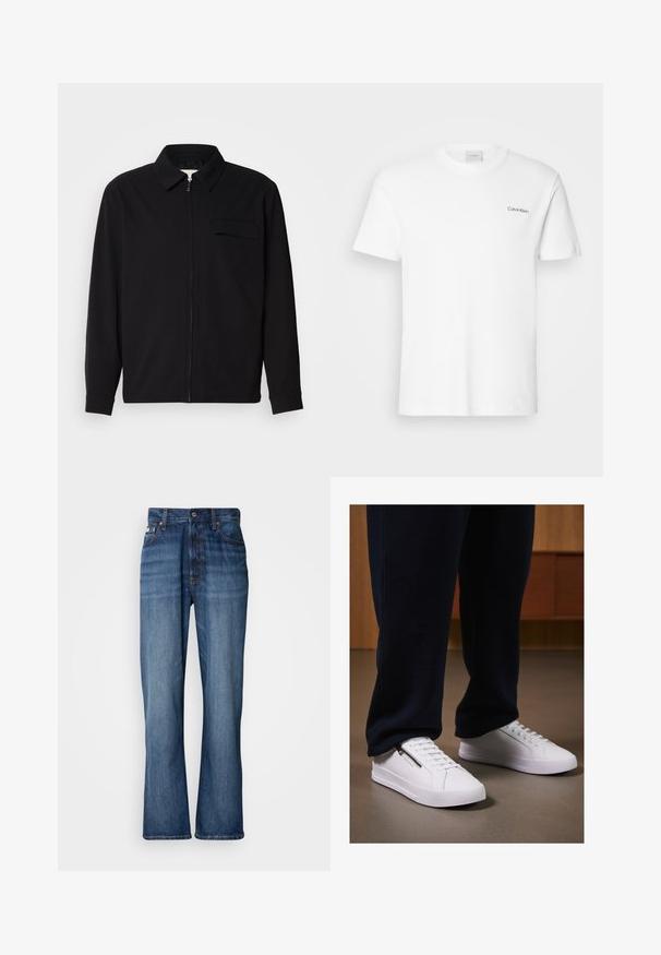 Camisa negra de manga larga que presenta un cuello con solapa, cierre frontal con cremallera y un bolsillo en el pecho. Fabricada con una tela texturizada y un corte holgado.; Camiseta de algodón blanca con mangas cortas y un escote en forma de cuello redondo. Presenta un pequeño logotipo negro de "Calvin Klein" en el lado izquierdo del pecho.; Jeans de mezclilla azul con cintura alta, piernas acampanadas, diseño de cinco bolsillos y costuras tonales. Cuenta con cierre de botón y bolsillos remachados.; Zapatillas blancas con un acabado de cuero suave, suela plana y diseño con cordones. Detalle de cremallera lateral que añade funcionalidad. Combinadas con joggers oscuros.