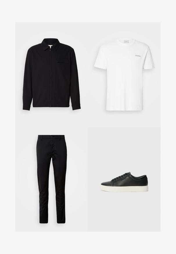 Sort langærmet skjorte med krave, frontlynlås og brystlomme. Lavet af struktureret stof med en afslappet pasform.; Hvid bomulds T-shirt med korte ærmer og rund halsudskæring. Har et lille sort "Calvin Klein" logo på venstre bryst.; Sorte bukser med slim fit, lavet af glat stof. Har en talje med knaplukning og lige ben.; Sorte lædersneakers med perforeret tekstur, rund tå og flad hvid gummisål. Har sorte snørebånd og et subtilt logo på siden.
