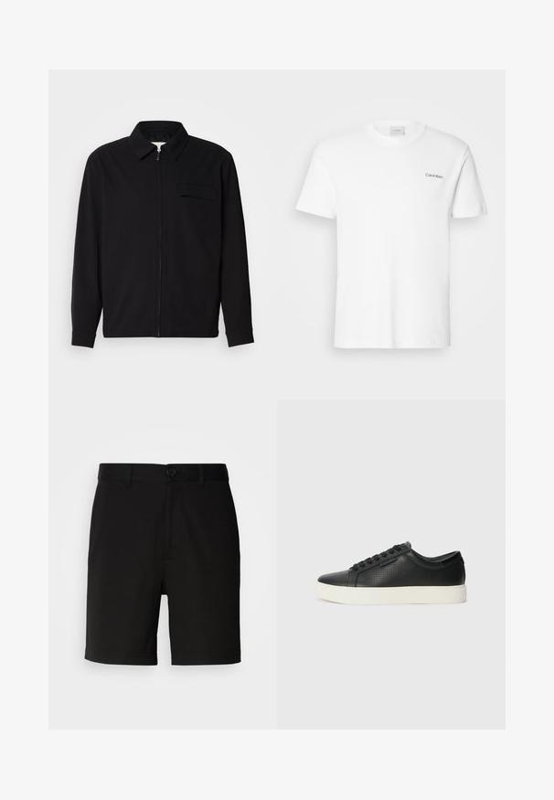 Musta pitkähihaine paita, jossa on kauluksellinen kaulus, edessä vetoketju ja rintatasku. Valmistettu teksturoidusta kankaasta, jossa on rento istuvuus.; Valkoinen puuvillapaita lyhyillä hihoilla ja pyöreällä kaula-aukolla. Vasemmassa rinnassa on pieni musta "Calvin Klein" -logo.; Mustat shortsit, jotka on valmistettu sileästä kankaasta, joissa on yksi napitus ja vyölenkit, suorilla lahkeilla eikä näkyviä kuvioita.; Mustat nahkasneakersit rei'itetyllä pinnalla, pyöreällä varvalla ja litteällä valkoisella kumipohjalla. Varustettu mustilla nauhoilla ja hienovaraisella logolla sivussa.