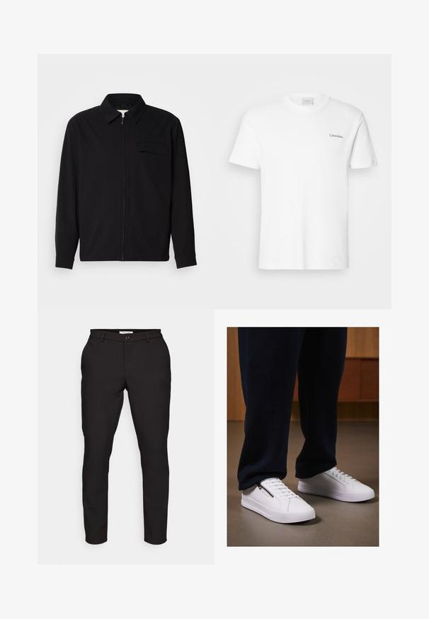 Maglietta nera a maniche lunghe con colletto, chiusura frontale con zip e taschino sul petto. Realizzata in tessuto testurizzato con una vestibilità rilassata.; T-shirt bianca in cotone con maniche corte e scollo rotondo. Presenta un piccolo logo nero "Calvin Klein" sul lato sinistro del petto.; Pantaloni neri su misura con vestibilità slim. Presentano una chiusura a zip, bottone, tasche laterali e un tessuto liscio e leggero.; Sneakers bianchi con finitura in pelle liscia, suola piatta e design con lacci. Dettaglio con zip laterale che aggiunge funzionalità. Abbinati a pantaloni jogger scuri.