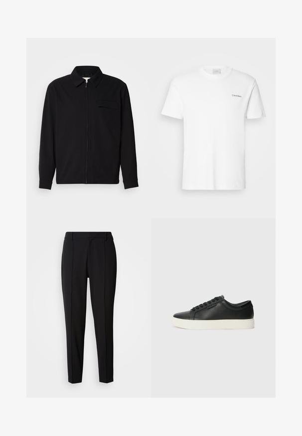 Black long-sleeve shirt featuring a collared neckline, front zip closure, and a chest pocket. Made of textured fabric with a relaxed fit.; White cotton T-shirt with short sleeves and a crew neckline. Features a small black "Calvin Klein" logo on the left chest.; Calvin Klein PULL ON - Trousers - black; Black leather sneakers with perforated texture, round toe, and flat white rubber sole. Features black laces and a subtle logo on the side.