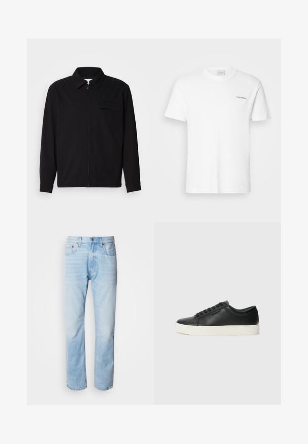 Black long-sleeve shirt featuring a collared neckline, front zip closure, and a chest pocket. Made of textured fabric with a relaxed fit.; White cotton T-shirt with short sleeves and a crew neckline. Features a small black "Calvin Klein" logo on the left chest.; Light blue denim jeans with a straight leg cut, featuring faded sections, five-pocket design, and a classic button fly.; Black leather sneakers with perforated texture, round toe, and flat white rubber sole. Features black laces and a subtle logo on the side.