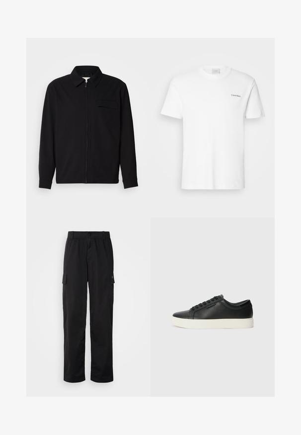 Svart langermet skjorte med krage, frontlås og brystlomme. Laget av teksturert stoff med en avslappet passform.; Hvit bomulls T-skjorte med korte ermer og rund hals. Har en liten svart "Calvin Klein" logo på venstre bryst.; Sorte cargo bukser med elastisk talje, to sidelommer og et blødt, let stof. Har et lige ben og minimalistisk design.; Sorte lær sneakers med perforert tekstur, rund tå og flat hvit gummisåle. Har sorte snørebånd og en subtil logo på siden.
