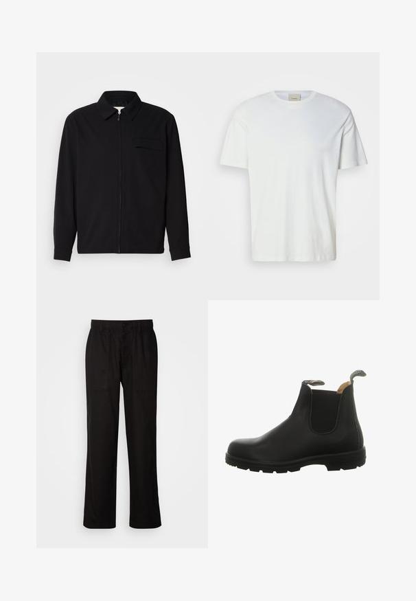 Svart langermet skjorte med krage, frontlås og brystlomme. Laget av teksturert stoff med en avslappet passform.; En enkel, hvit t-skjorte med kort erme og rund hals, med en synlig Calvin Klein-lapp inni kragen, vist på en nøytral bakgrunn.; Svart bukser med avslappet passform, laget av lett stoff. Har elastisk midjebånd, knapplukking og to frontlommer.; Sorte lær Chelsea-støvler med elastiske sidepaneler, rund tå og en robust gummisål med hælstrikk for enkel påkledning.