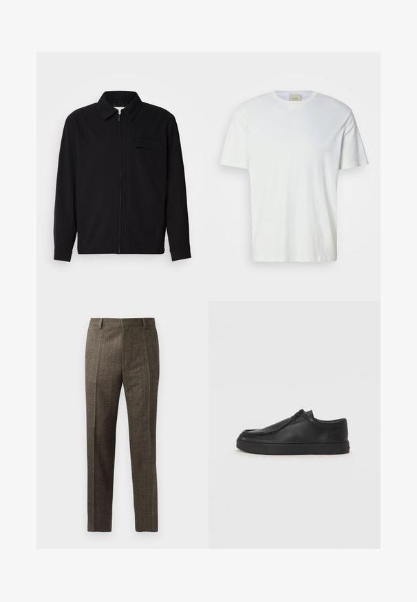 Svart langermet skjorte med krage, frontlås og brystlomme. Laget av teksturert stoff med en avslappet passform.; En enkel, hvit t-skjorte med kort erme og rund hals, med en synlig Calvin Klein-lapp inni kragen, vist på en nøytral bakgrunn.; Rutete brune bukser har rette ben, frontfolder og beltehemper. Laget av strukturert stoff med tynne striper.; Sorte skinnsko uten snøring med rund tå, sydd detaljer og svart gummisåle. Glatt tekstur med minimalistisk design.