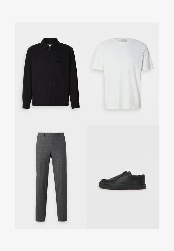 Black long-sleeve shirt featuring a collared neckline, front zip closure, and a chest pocket. Made of textured fabric with a relaxed fit.; Plain white short-sleeve crew neck T-shirt with a visible Calvin Klein label inside the collar, displayed on a neutral background.; Gray plaid trousers with a tailored fit, featuring a smooth texture, straight legs, and subtle stitching details.; Black leather slip-on shoe with a rounded toe, stitched detailing, and black rubber sole. Smooth texture with minimalistic design.
