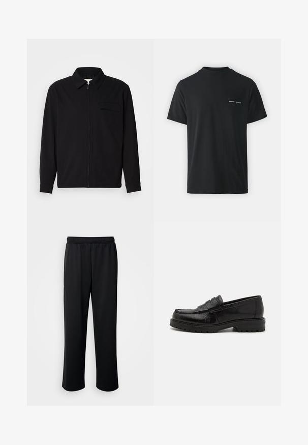 Černá dlouhá rukávová košile s límečkem, předním zipovým uzávěrem a kapsou na hrudi. Vyrobená z texturované tkaniny s uvolněným střihem.; Černé bavlněné tričko s klasickým kulatým výstřihem, krátkými rukávy a dvěma malými bílými logy "SAMSØE" na levé straně hrudi.; Černé sportovní kalhoty vyrobené z měkké, prodyšné látky. Mají elastický pas a rovné nohavice bez výrazných akcentů nebo vzorů.; Černé kožené mokasíny s texturovaným povrchem, s dekoračním páskem, kulatou špičkou a silnou, robustní podrážkou.