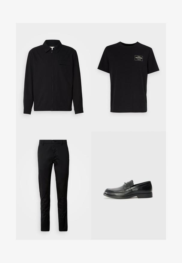 Černá dlouhá rukávová košile s límečkem, předním zipovým uzávěrem a kapsou na hrudi. Vyrobená z texturované tkaniny s uvolněným střihem.; Černé bavlněné tričko s krátkým rukávem a kulatým výstřihem. Na levé části hrudi má obdélníkovou nášivku loga v bílé a zlaté barvě.; Černé kalhoty slim fit vyrobené z hladké látky. Mají pas s knoflíkovým zapínáním a rovné nohavice.; Černé kožené mokasíny s kulatou špičkou, s prošívaným vzorem, malým předním páskem s kovovými detaily a plochou gumovou podrážkou.