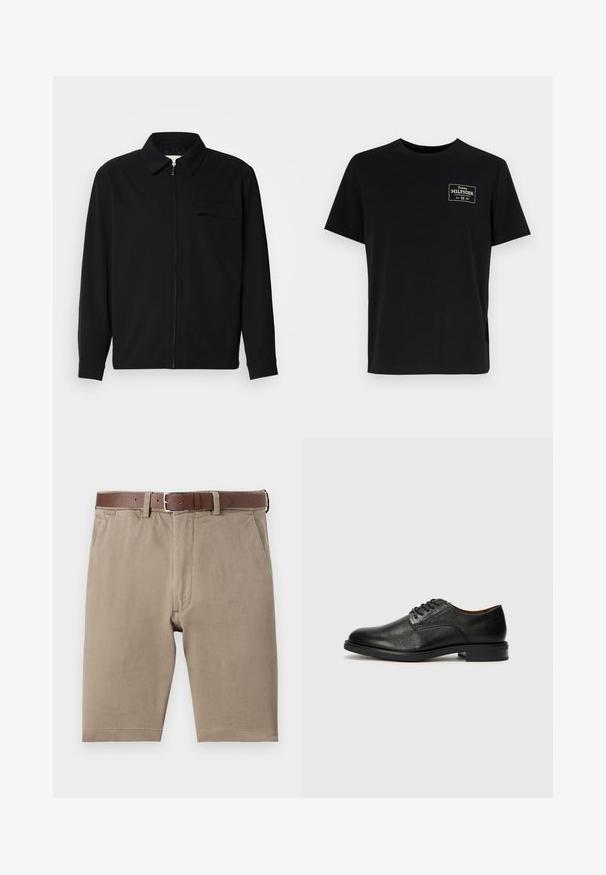 Svart langermet skjorte med krage, frontlås og brystlomme. Laget av teksturert stoff med en avslappet passform.; Svart bomull t-skjorte med korte ermer og rund hals. Har en rektangulær logo-patch i hvitt og gull på øvre venstre bryst.; Beige bomullsshorts med rett snitt, med et brunt lærbelte og sidelommer, glatt tekstur med pent avsluttede kanter.; Tommy Hilfiger VOGUE LTH - Pensko med snøring - black