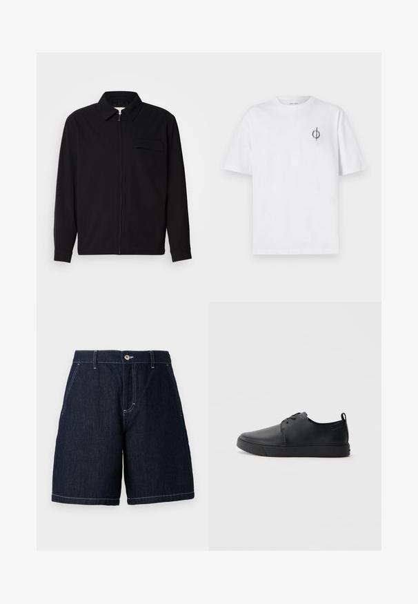 Musta pitkähihaine paita, jossa on kauluksellinen kaulus, edessä vetoketju ja rintatasku. Valmistettu teksturoidusta kankaasta, jossa on rento istuvuus.; Valkoinen puuvillapaita rentoa istuvuutta, jossa on pieni musta graafinen logo vasemmassa rintataskussa. Lyhyet hihat, pyöreä kaula-aukko.; Tumma farkkushortsit suoralla leikkauksella. Varusteena nappisulku, etutaskut ja kontrastoiva valkoinen ommel reunoilla.; Musta nahkakengät hienolla pinnalla, pyöreällä varvastyönnöllä, sävyyn sointuvilla ompeluilla, nauhakengät edessä ja littealla kumipohjalla. Silmukka kantapäässä.