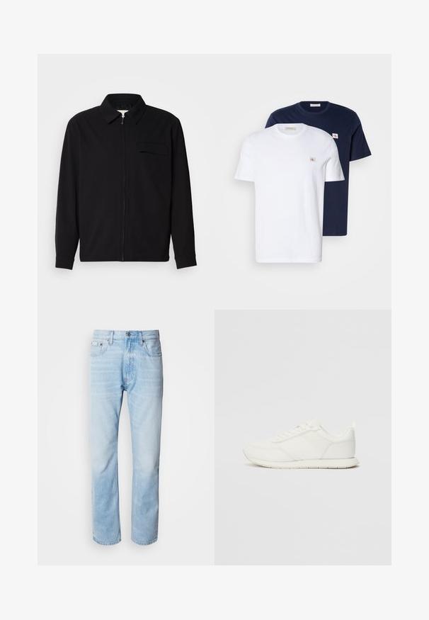 Chemise noire à manches longues avec un col, fermeture éclair à l'avant et une poche poitrine. Fabriquée en tissu texturé avec une coupe décontractée.; Pack de t-shirts en coton en blanc et marine. Chacun présente un col rond, des manches courtes et un petit patch logo sur la poitrine.; Jean en denim bleu clair, à coupe droite, avec des sections décolorées, design à cinq poches et fermeture à bouton classique.; Sneaker blanche avec une tige en mesh et en synthétique, bout rond, lacets plats et une bande latérale texturée. Semelle en caoutchouc avec une languette à l'arrière.