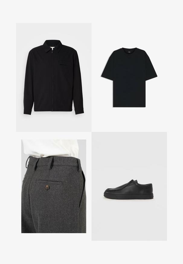 Chemise noire à manches longues avec un col, fermeture éclair à l'avant et une poche poitrine. Fabriquée en tissu texturé avec une coupe décontractée.; T-shirt en coton noir à col rond et à manches courtes. Présente une coupe ample et un design simple sans motifs ni accents.; Pantalons en laine gris avec une finition texturée, dotés d'une seule poche arrière avec un bouton marron et de passants de ceinture au niveau de la taille.; Chaussure noire en cuir à enfiler avec un bout arrondi, des détails cousus et une semelle en caoutchouc noire. Texture lisse avec un design minimaliste.