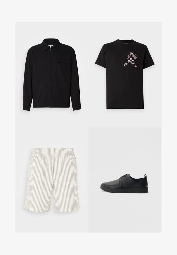 Maglietta nera a maniche lunghe con colletto, chiusura frontale con zip e taschino sul petto. Realizzata in tessuto testurizzato con una vestibilità rilassata.; T-shirt in cotone nero con stampa diagonale del logo "calvin klein" in rosa sul davanti. Maniche corte e scollo rotondo.; Pantaloni corti a righe realizzati in un tessuto leggero e traspirante. Colore avorio con sottili righe verticali grigie. Vita elastica.; Sneaker in pelle nera con finitura liscia, punta arrotondata, cuciture tono su tono, chiusura con lacci frontale e suola piatta in gomma. Anello sul tallone.