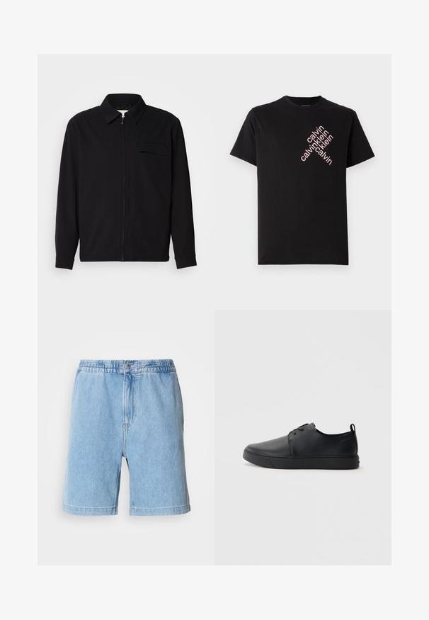 Fekete, hosszú ujjú póló, gallérral, elülső cipzárral és mellzsebbel. Texturált anyagból készült, laza szabású.; Fekete pamut póló, amelynek elülső részén egy átlós rózsaszín "calvin klein" logónyomtatás található. Rövid ujjú és kerek nyakkivágású.; Világoskék farmer rövidnadrág rugalmas derékkal, elöl gombos záródással, oldalsó zsebekkel és egyenes szabással. Középmagas combig érő hossz.; Fekete bőr sportcipő sima felülettel, lekerekített orral, azonos színű varrással, fűzős elülső résszel és lapos gumitalppal. Hurok a sarkán.
